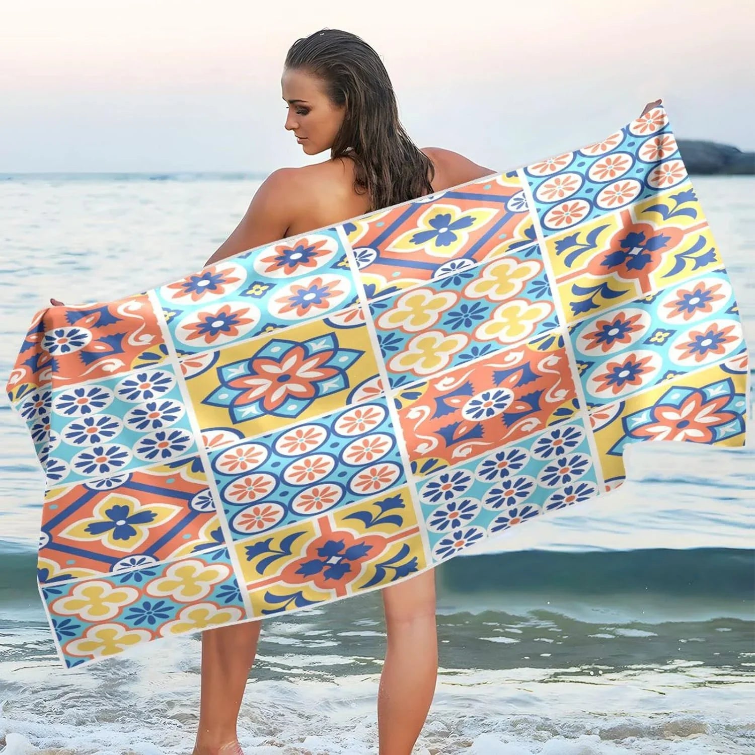 Yoga Towel, Talavera Towel Shower Towel Pool Thin Bestwell Bath Swim Oversized Mexican Dry Beach 31”X71” Blanket, Multipurpose Towel Quick Sand Lightweight Tiles Free Microfiber design