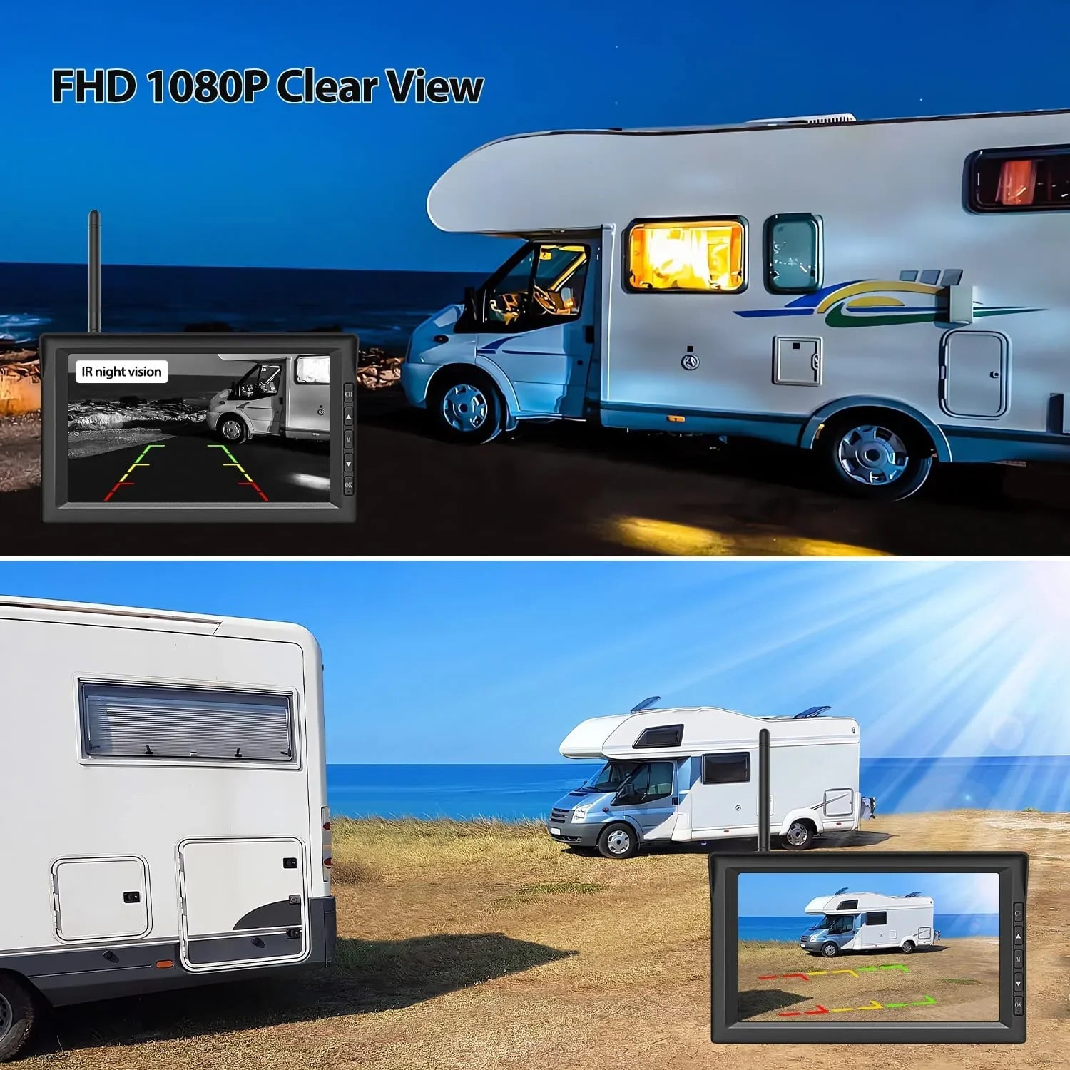 Dual Panel, Rear RV Monitor Campervans Reverse and PCS Camera View Solar Solar Wireless Trailer Camera, with Backup Wireless Split-Screen Cameras 7'' Battery-Powered Systems 2 2 Auto-Vox