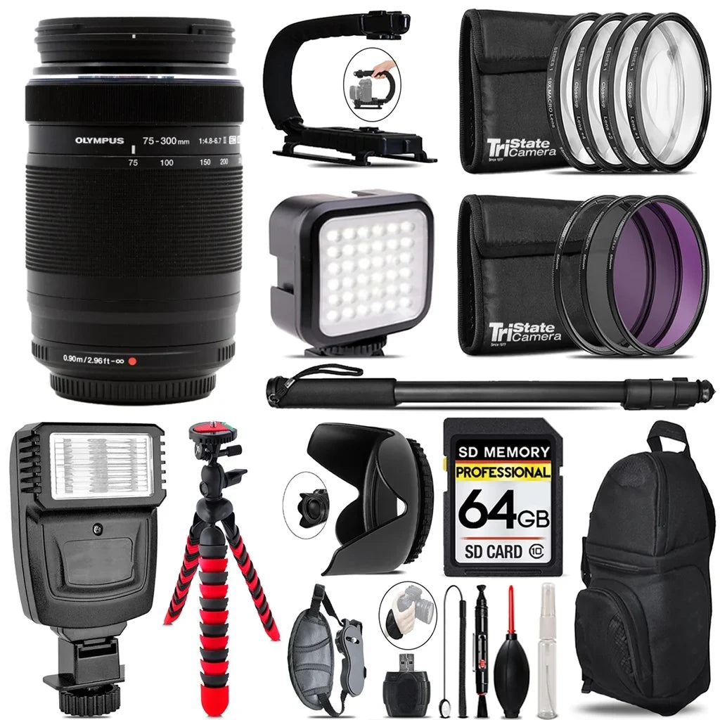 f/4.8-6.7 + Flash II Lens- ED Kit 64GB Digital Accessory M.Zuiko Video Olympus - 75-300mm Bundle