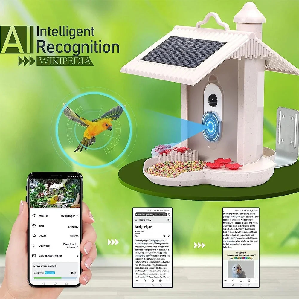 Capture Smart Bird IP65 Video Cards Notification Bird AI 1080P Identify Species Real-time Auto Bird and Carevas WIFI Detection Waterproof Motion TF 128G Camera Feeder