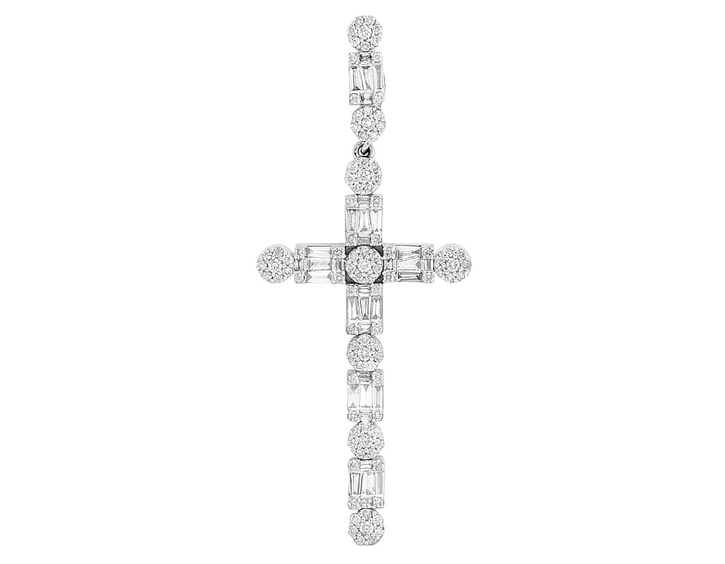 Diamond 1.2CT 2" Cross Real 10K Unisex Flower Baguette White Cluster Gold