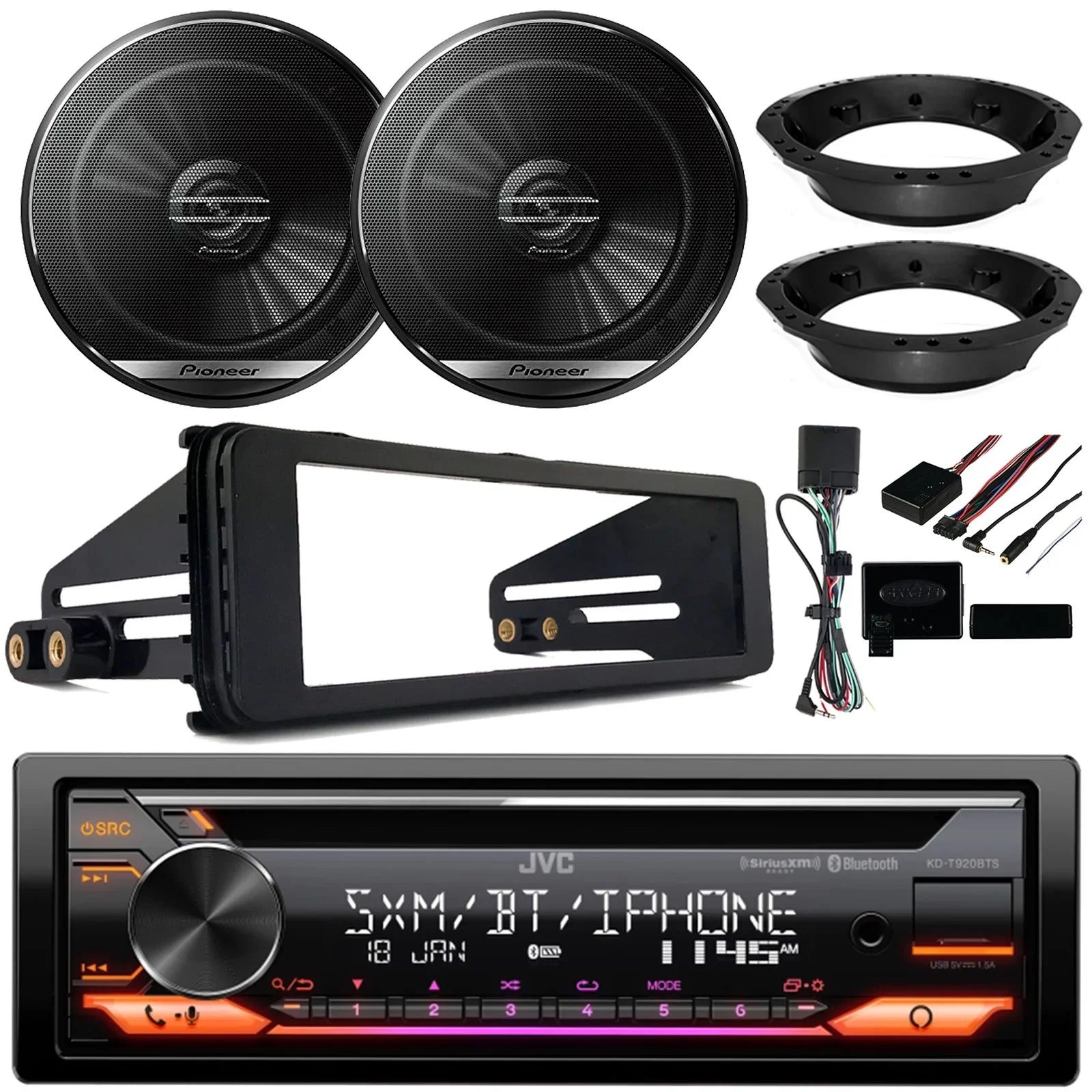 DIN 2-Way CD AM/FM Amazon AUX Built-In, 2x Car 98-2013 Multimedia KD-T920BTS Coaxial Player Car Single Audio Stereo Speakers, Harley Install USB 6.5" Bluetooth Alexa Receiver Kit with JVC Adapter