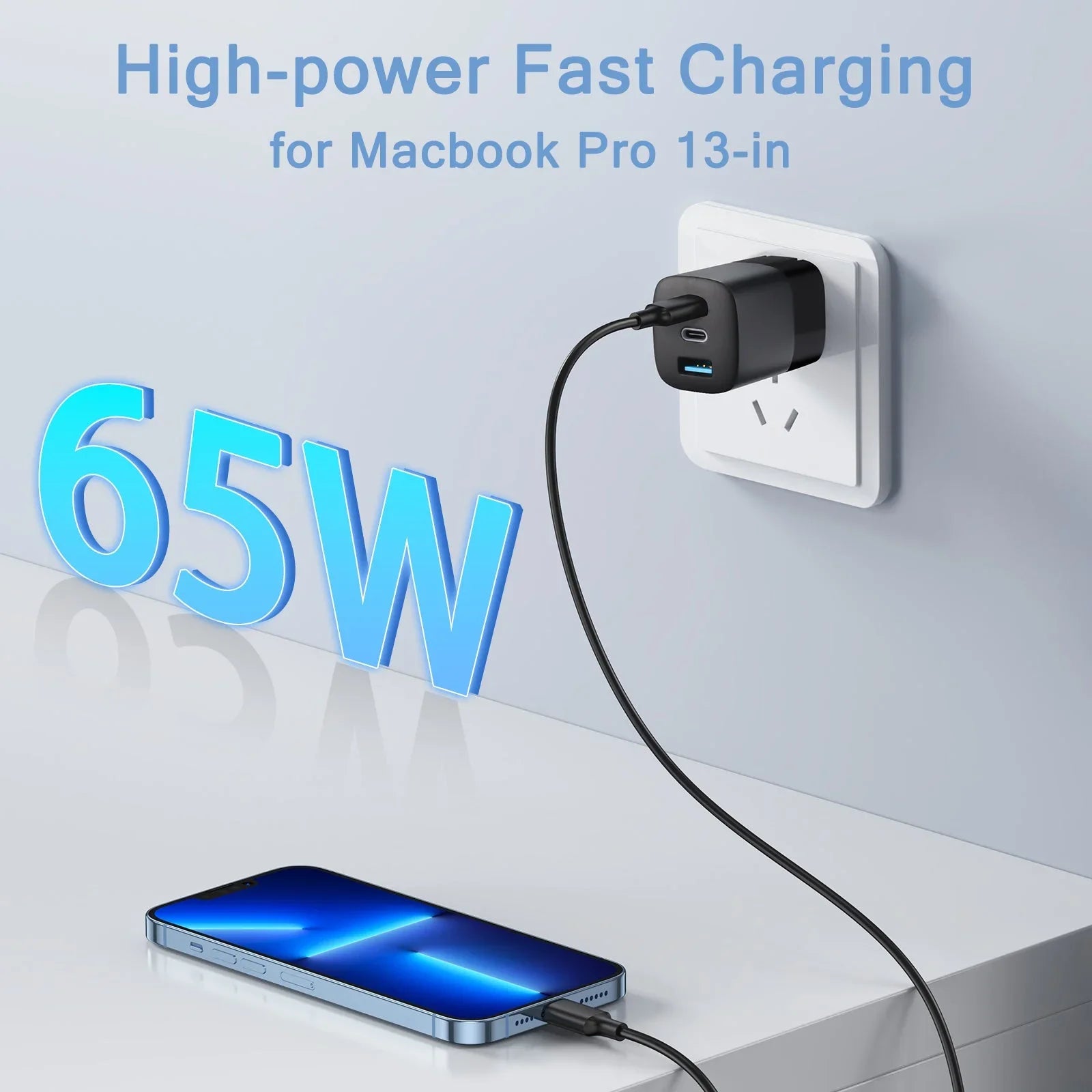 Fast Foldable Laptops iPhone, Power A USB C 65W - 3-Port Wall Smartphones, RVP+ Charger, (GaN) and Charger, Charger Black Adapter, for USB Tech Tablets,