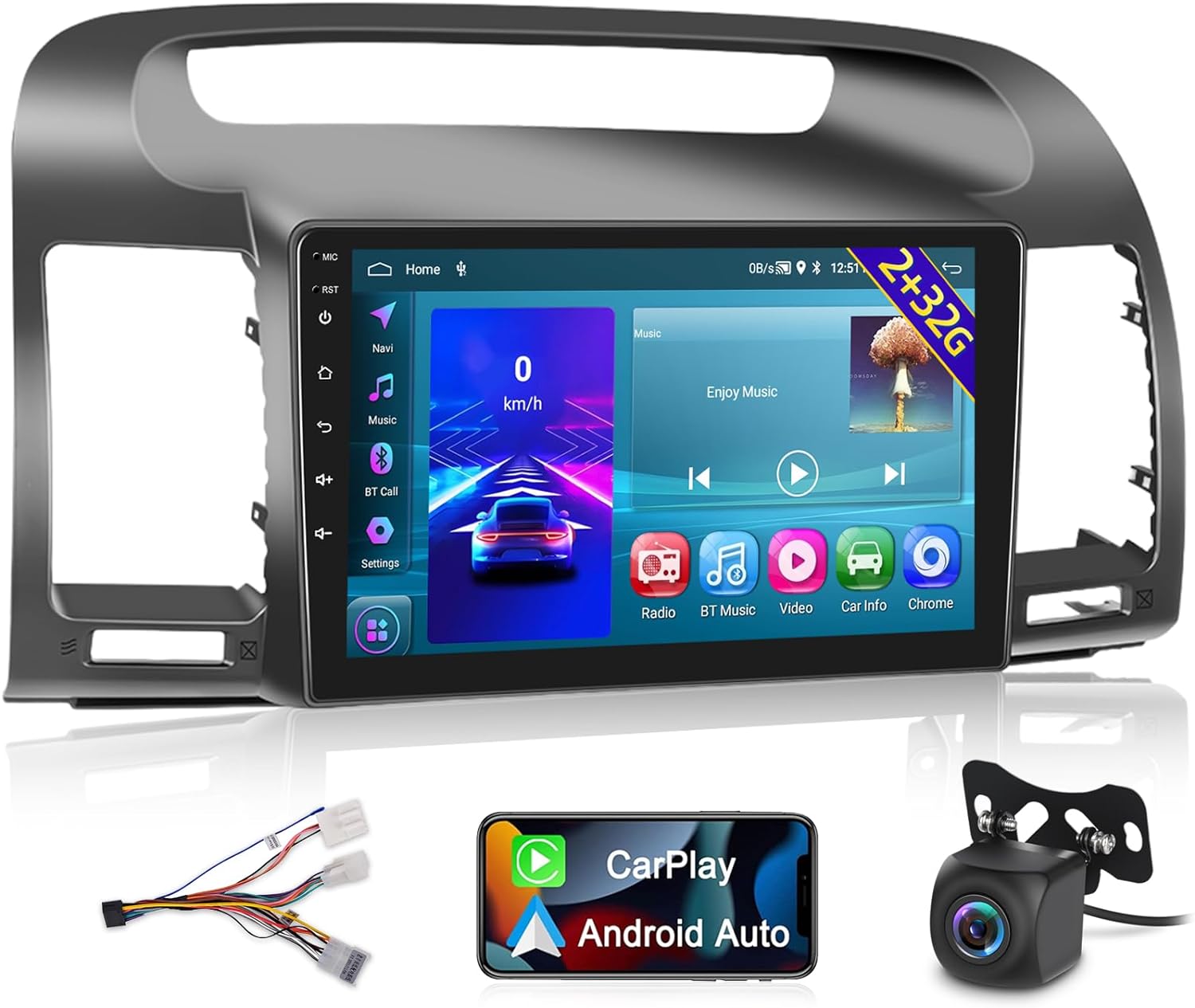 For WiFi, Radio Rear Stereo with 2+32G in Andriod Carplay Touchscreen View THONZER 2000-2006, Link, Toyota GPS, Inch Auto USB + 9 Car Mirror Android Built Dual and Camera Wireless Camry