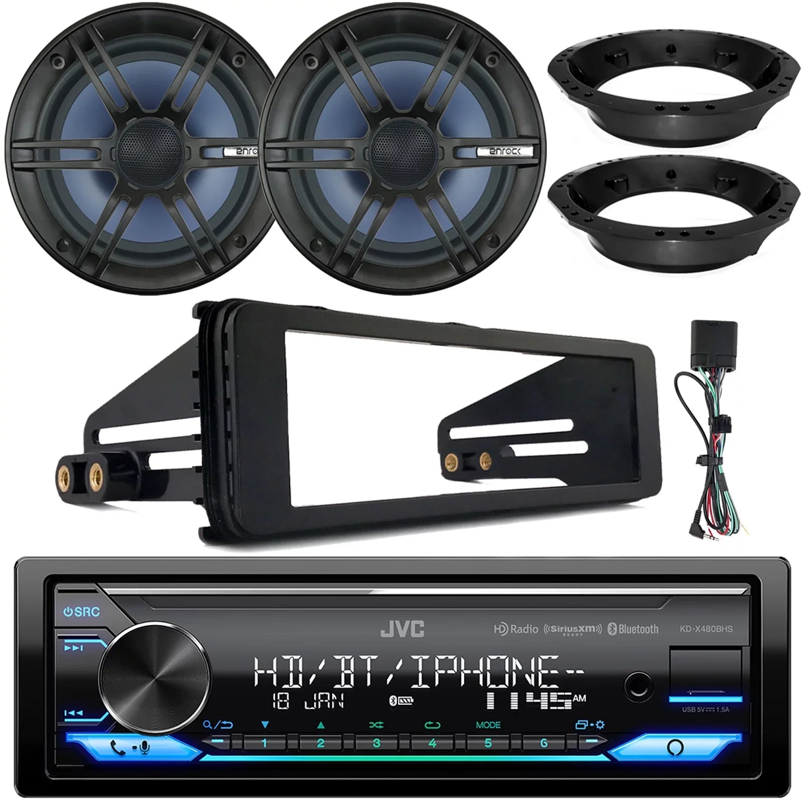 KD-X480BHS Kit Stereo 6.5" Car Alexa Ready Enrock AUX AM/FM LED Install Single JVC FLHX Bluetooth Adapters, Dash Amazon Harley USB Audio Radio Speakers DIN with Receiver, 2x SiriusXM FLHTC LED