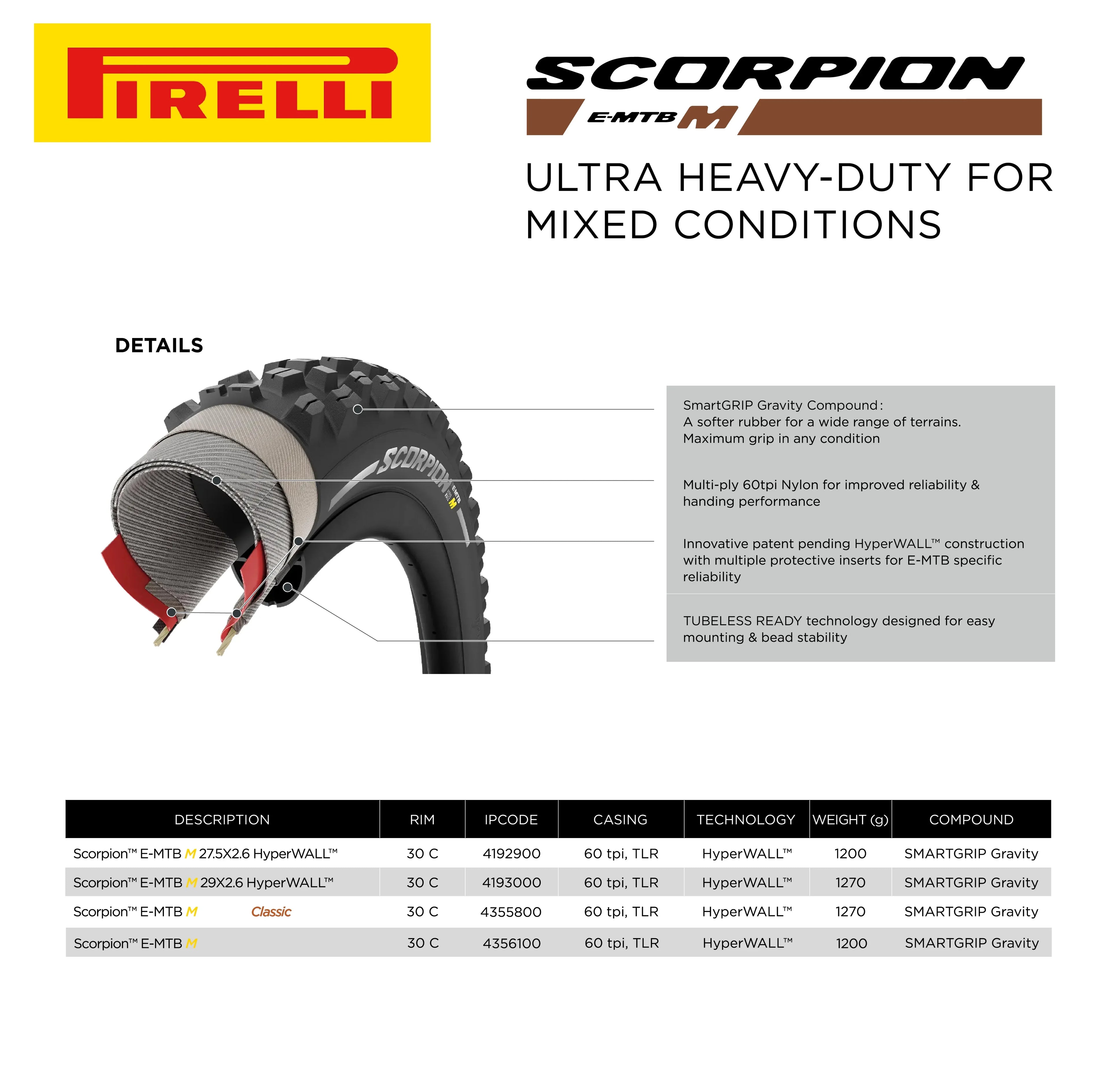 Tire and E-Bike MTB, Trail Bike E-Mountain Pirelli E-MTB Tire, SmarTUBE Versatile Enduro Terrain, Mountain Bicycle Mixed for Clincher Tubeless 27.5 23/32-622 2.6 Ready Scorpion M + Use, x TLR