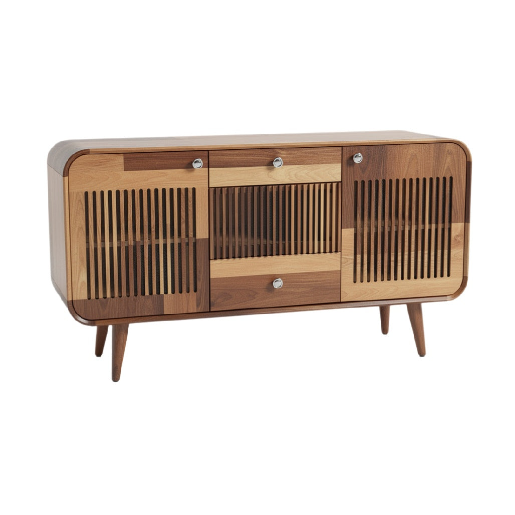 Mid-Century Modern Wooden Sideboard with Striped Sliding Doors