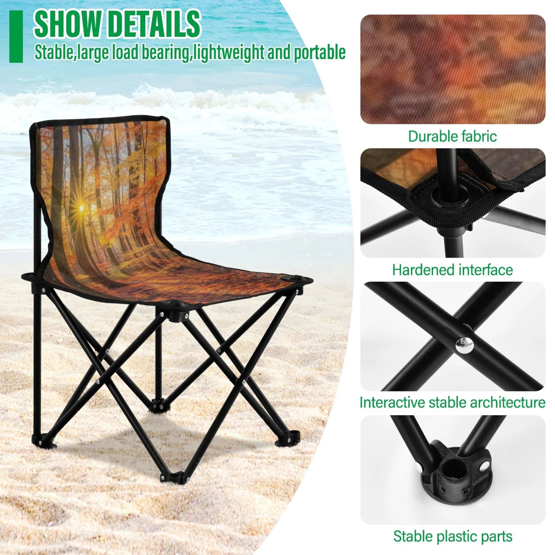 Carry Portable Beach Chair Bag Chair Lawn Camping Forest Support Chair Leaves 220LBS to Fishing Autumn Chair Folding exterior with