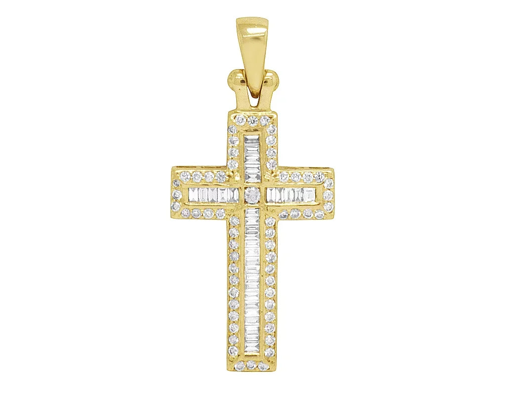 0.4CT Diamond Yellow Baguette 14K 1.25" Gold Cross