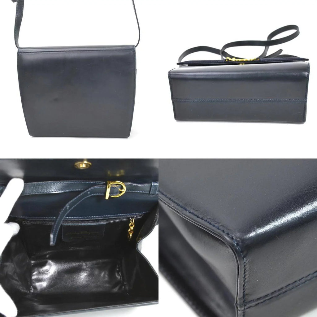 Pre-Owned Shoulder Ferragamo Bag Salvatore Navy Gold Gancini Ladies Leather (Good)