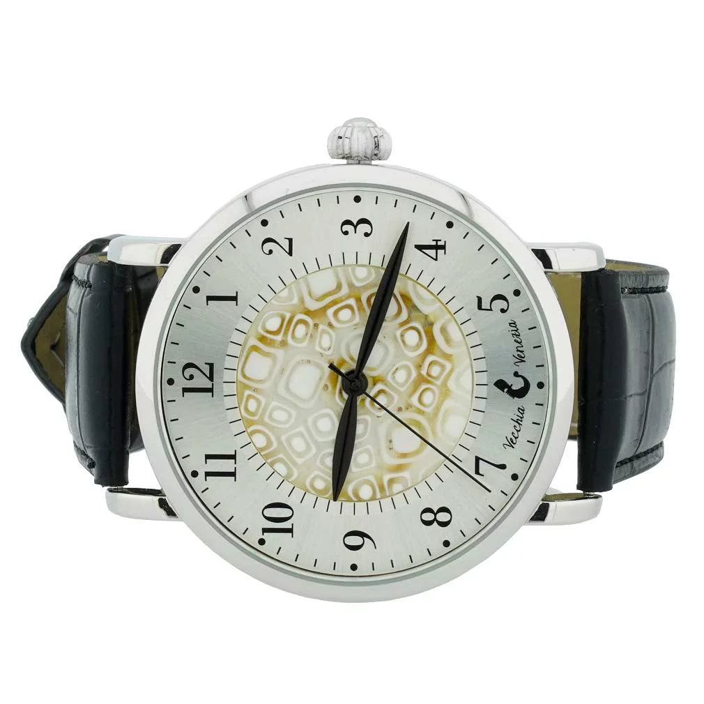 Men's With Black and Watch Murano White Band GlassOfVenice - Leather Millefiori Glass