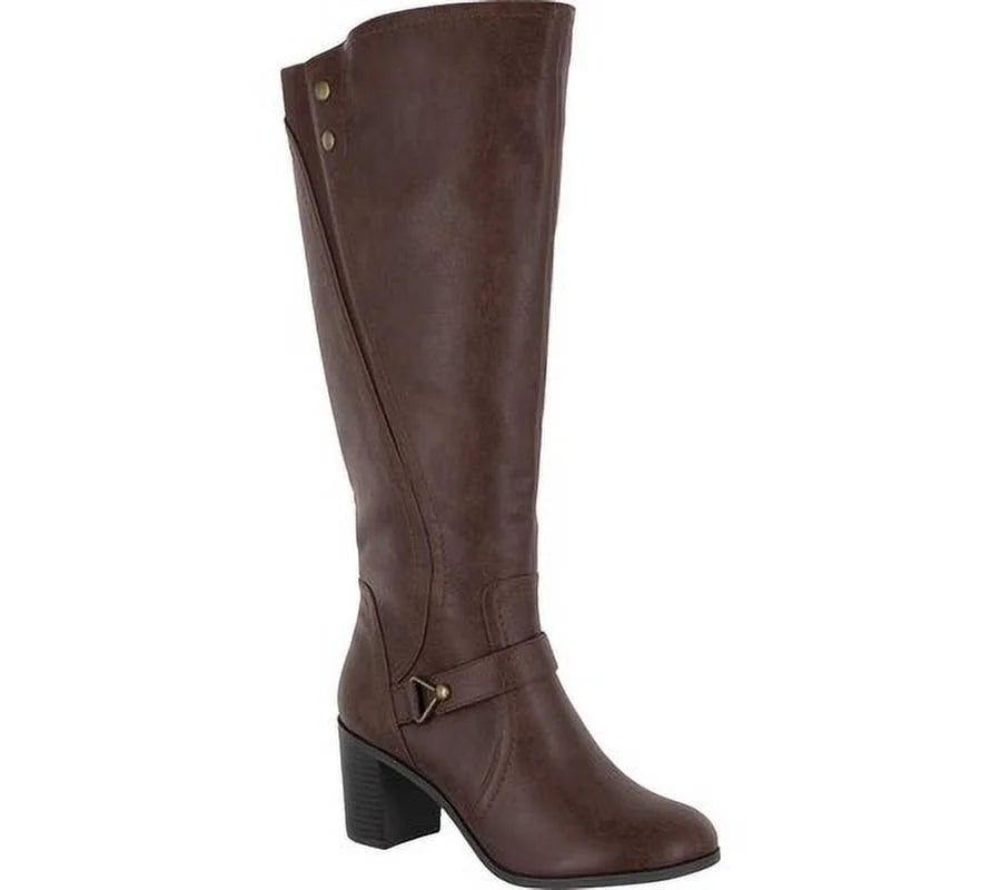 Toe Format Brown Boot Block 8.5 Riding Studded STREET W EASY Womens Heel Elastic Goring Zip-Up Round Strappy