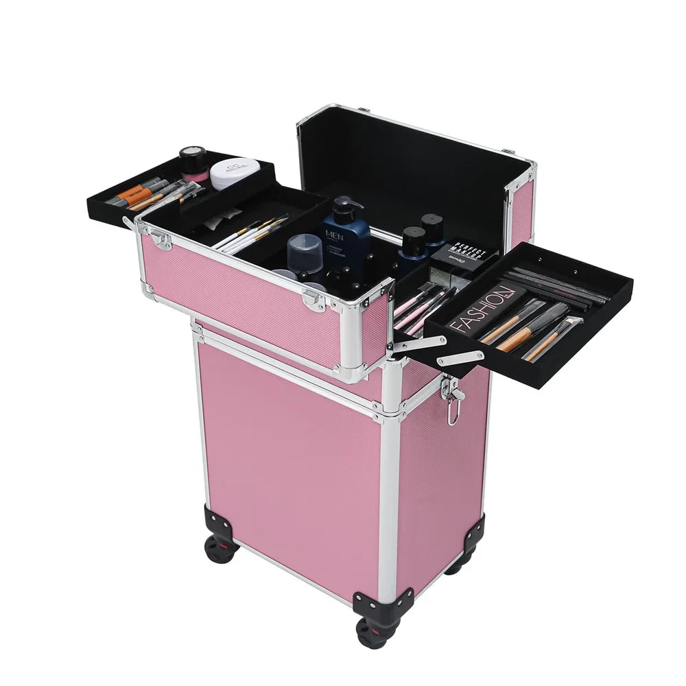 Rolling Case Makeup Case with Trolley Drawers Train Zeng Makeup Case,Pink