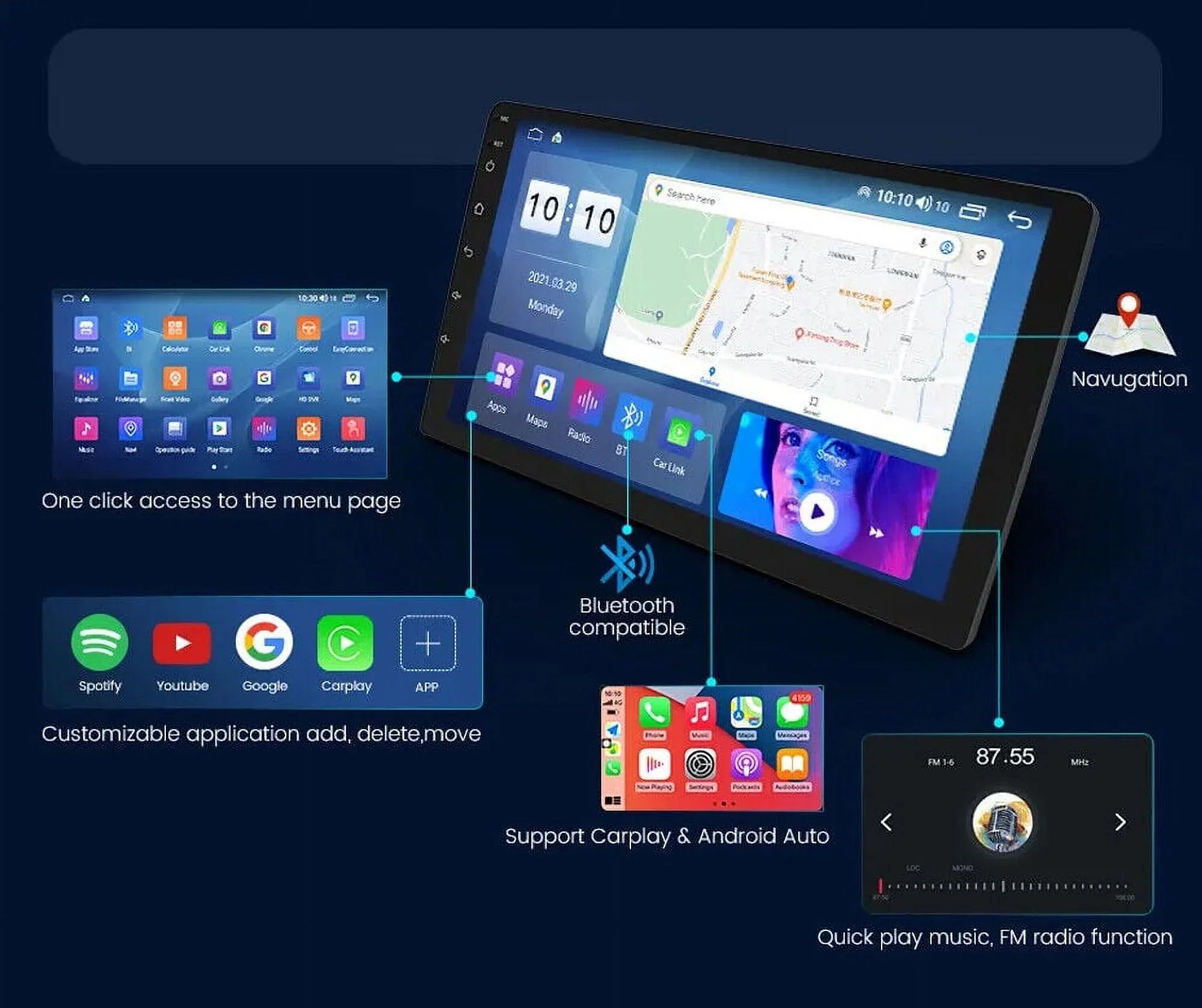 Android Screen 4+32G Navigation in-Dash Unit AM/FM Double Car GPS Auto DSP Din Android Universal Stereo Head Radio Store,YouTube QLED Carplay 1280X720 Wireless Multimedia Player,climate,Play 9"