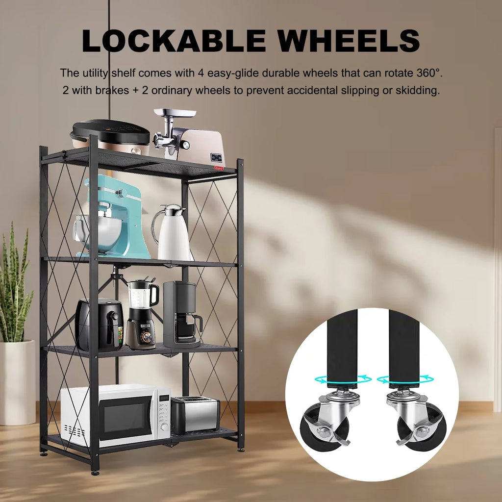 Wheels Storage Kitchen & Display, Storage Cart Rolling Foldable 4-Tier - Closet Shelf Shelves, - for Black Unit Decor Shelving Room Organizer, Books Pantry with Metal Office Collapsible