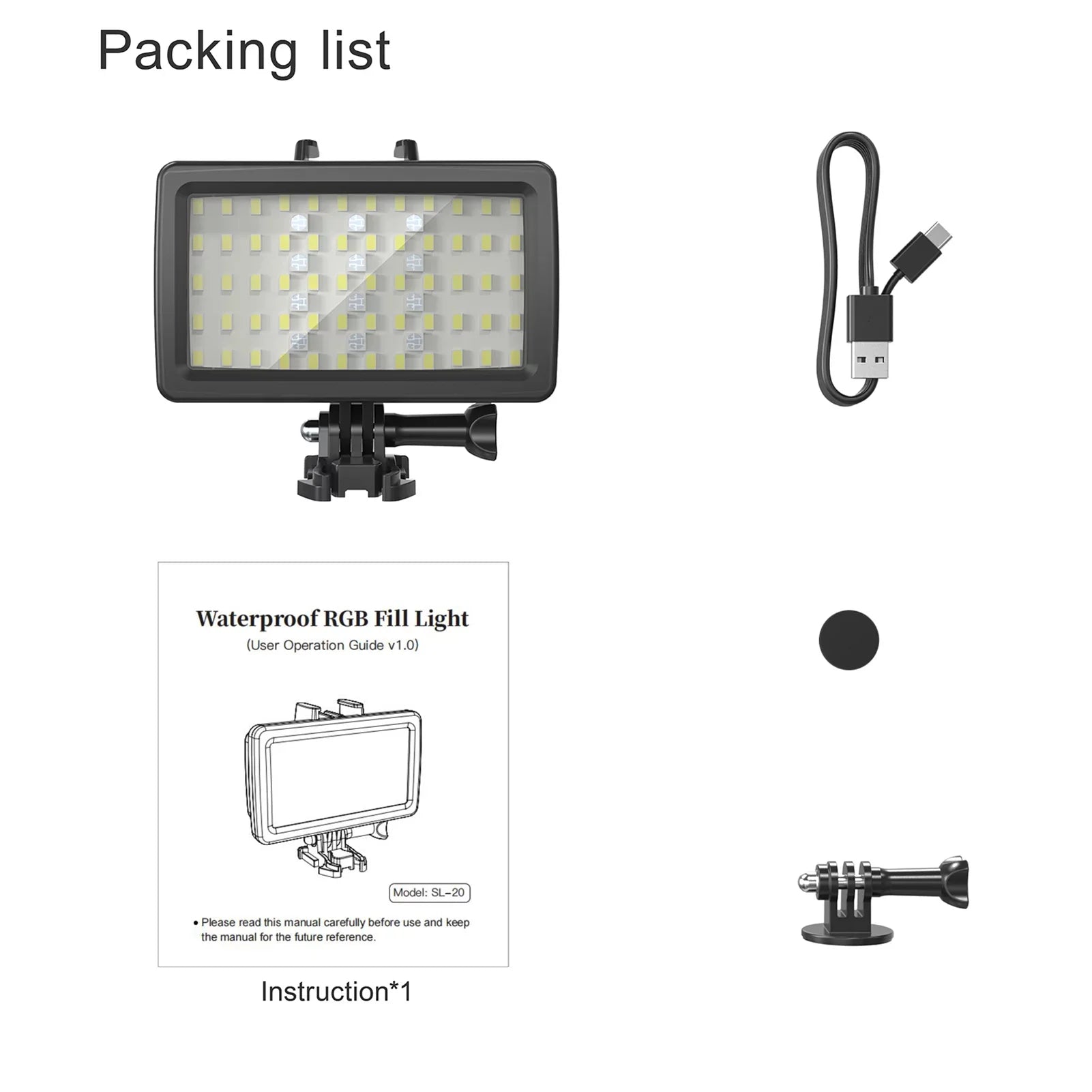 IPX8 for RGB Video Battery Underwater Light Fill SL-20 8 Replaceme Modes Rechargeable Underwater 40M Snorkeling Dimmable Light LED Video Andoer Built-in CRI95+ Waterproof Photography Diving