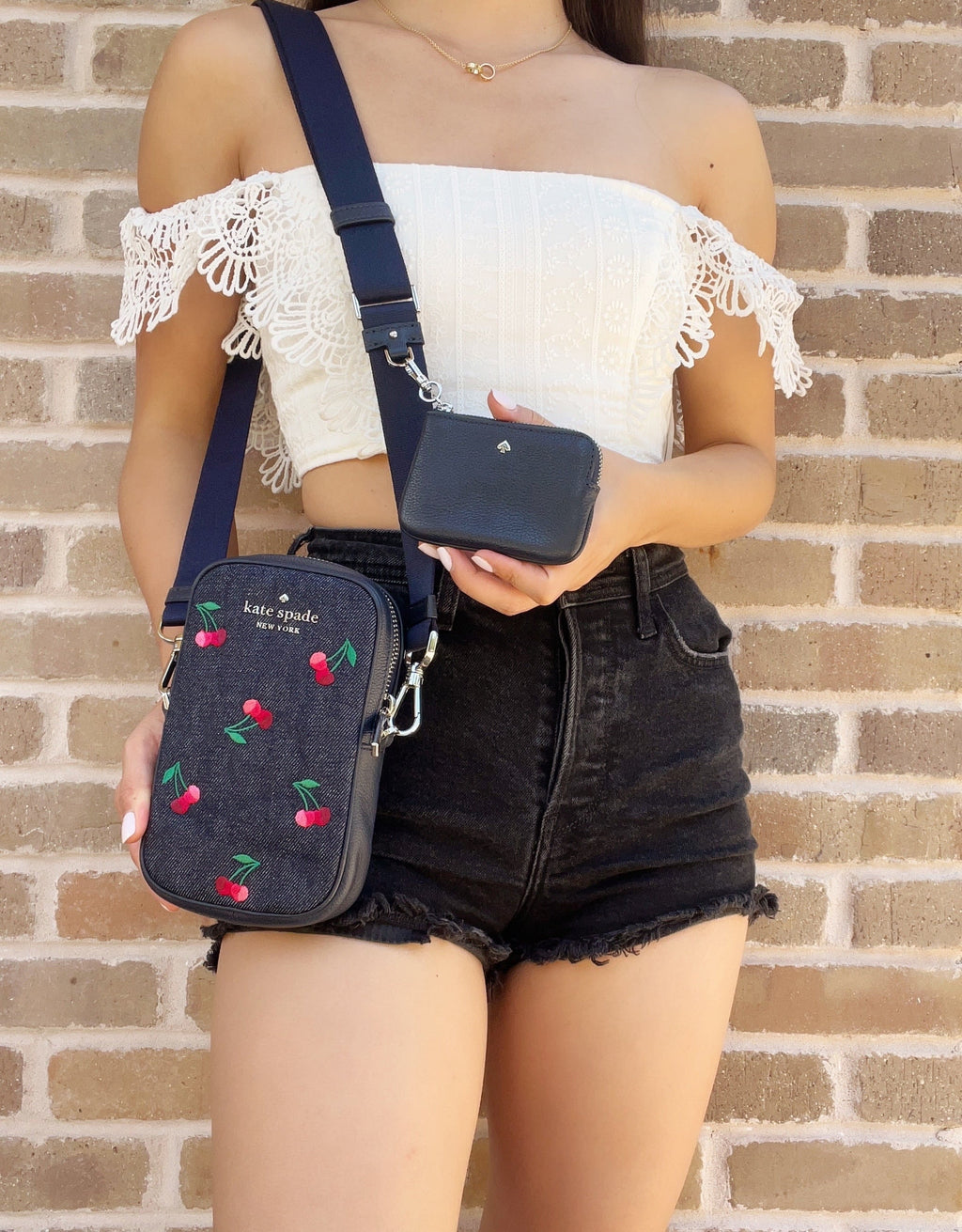 Cherries + Spade Coin Denim Crossbody Embroidered Rosie Phone Zip NS Kate Pouch