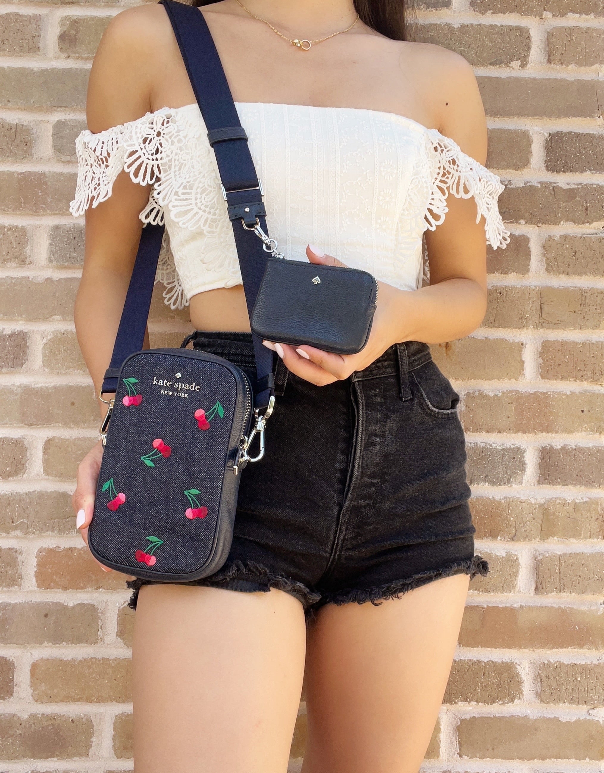 Cherries + Spade Coin Denim Crossbody Embroidered Rosie Phone Zip NS Kate Pouch