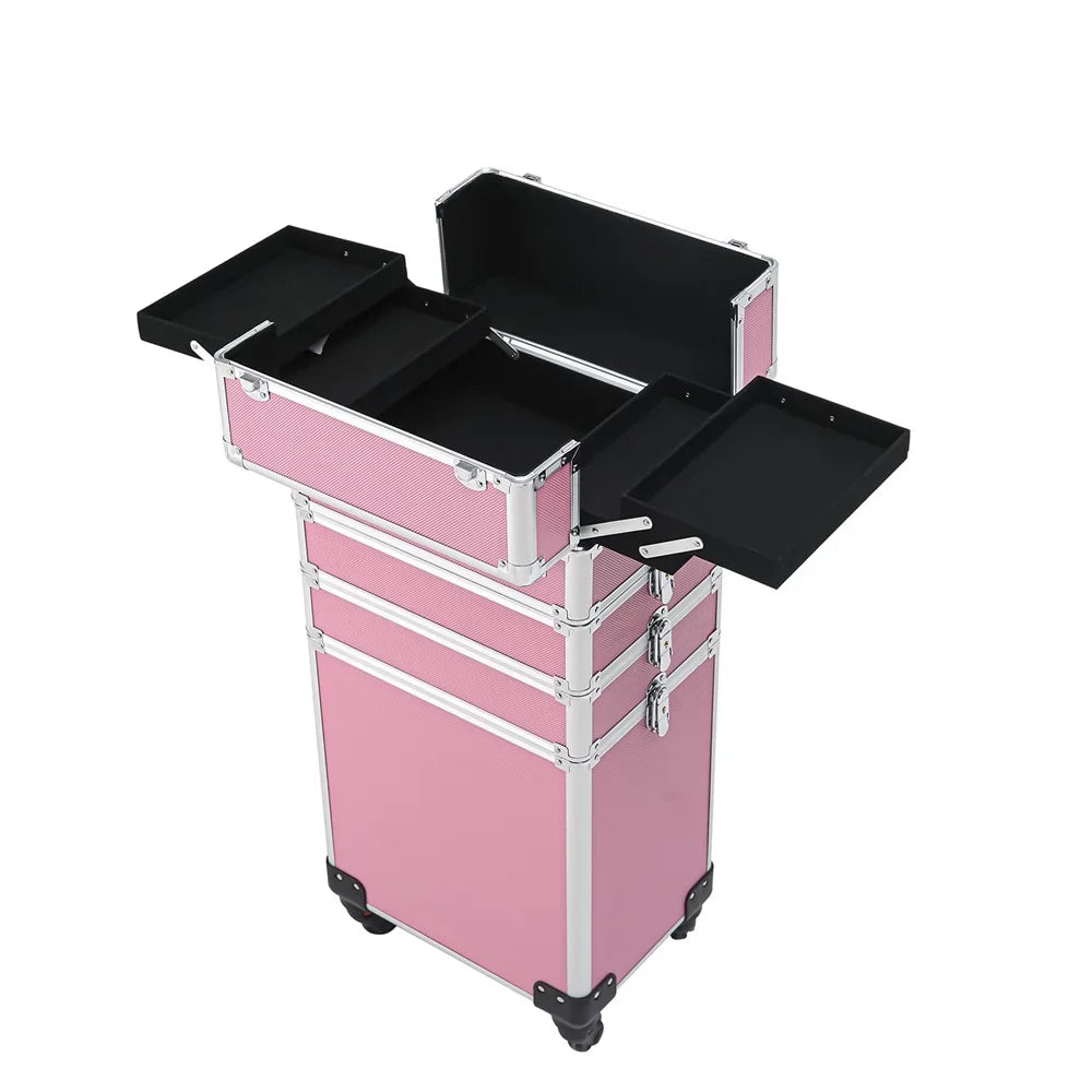 Rolling Case Makeup Case with Trolley Drawers Train Zeng Makeup Case,Pink