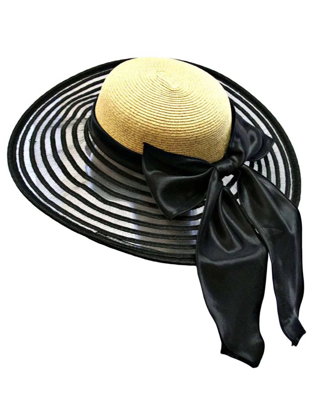 Wheat Black Satin Large Floppy Bow & With Brim Wide Hat