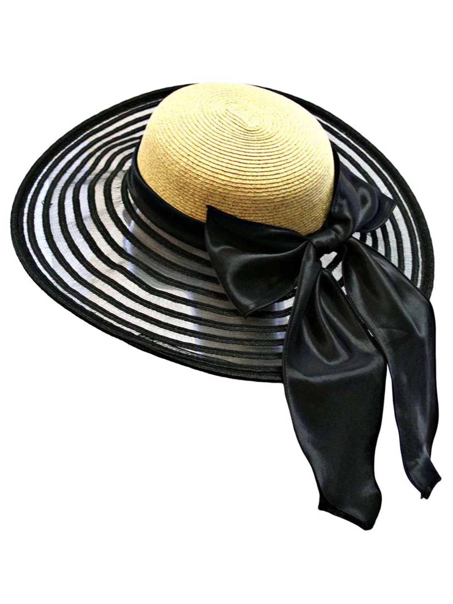 Wheat Black Satin Large Floppy Bow & With Brim Wide Hat