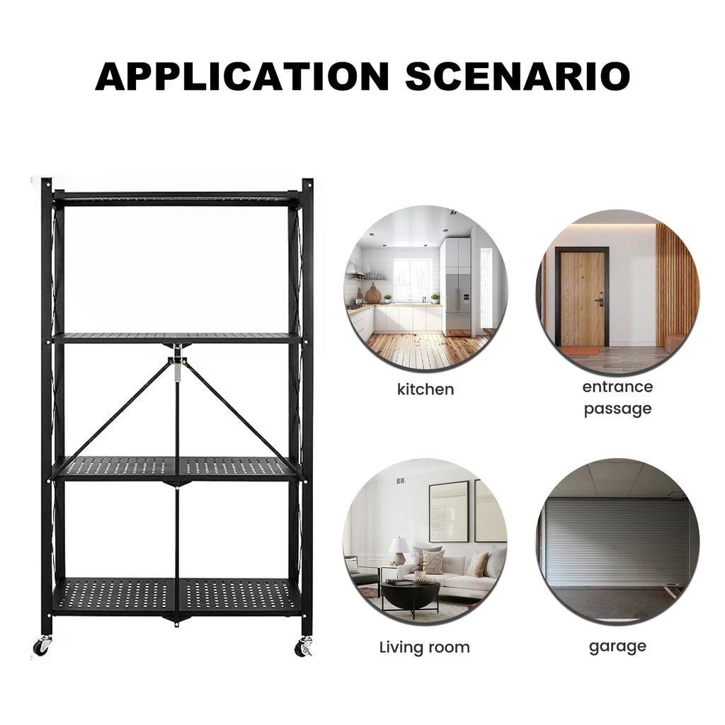 Wheels Storage Kitchen & Display, Storage Cart Rolling Foldable 4-Tier - Closet Shelf Shelves, - for Black Unit Decor Shelving Room Organizer, Books Pantry with Metal Office Collapsible