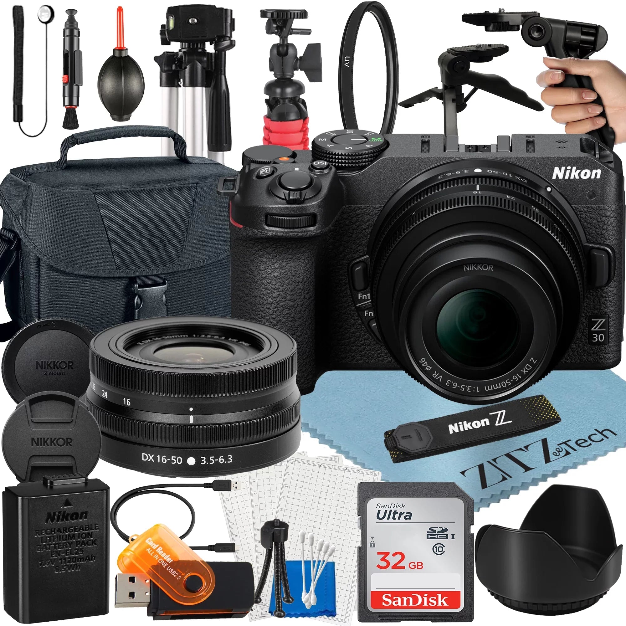 Bundle + Camera Accessory Nikon Tripod Zoom Mirrorless VR ZeeTech Z30 Card NIKKOR + SanDisk Case + with 32GB 16-50mm + Lens