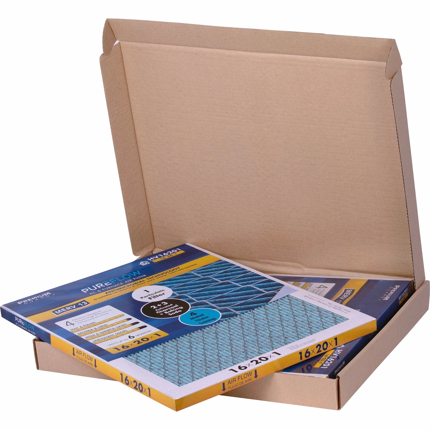 Filtration Technology, of 16x20x1, 4 Filter Air Home Furnace MERV-13 Advanced with Pack-of-2 PureFlow, Layers