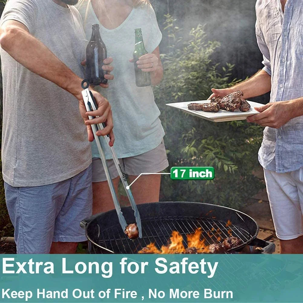 Cooking Tongs Grilling, Tongs Silicone Duty Stainless Long for Heavy Grill Handle with BBQ 17" Grip Kitchen Locking Soft Steel