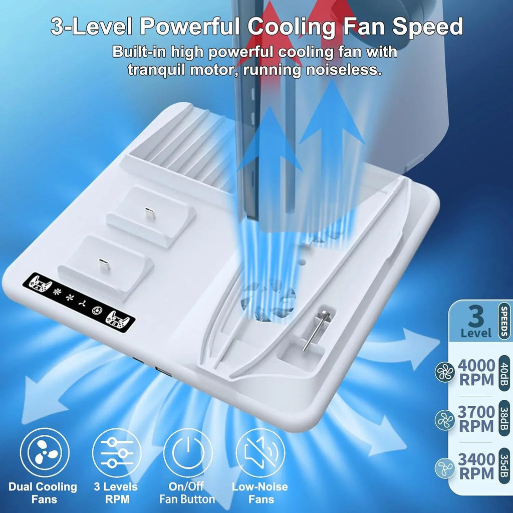 Cooling Stand With Slim Controllers Stand Station, Hanger Dock Dual for PS5 3-Level Slot+2 with Powerful Cooling 6 Headphone Fan Disc Charging