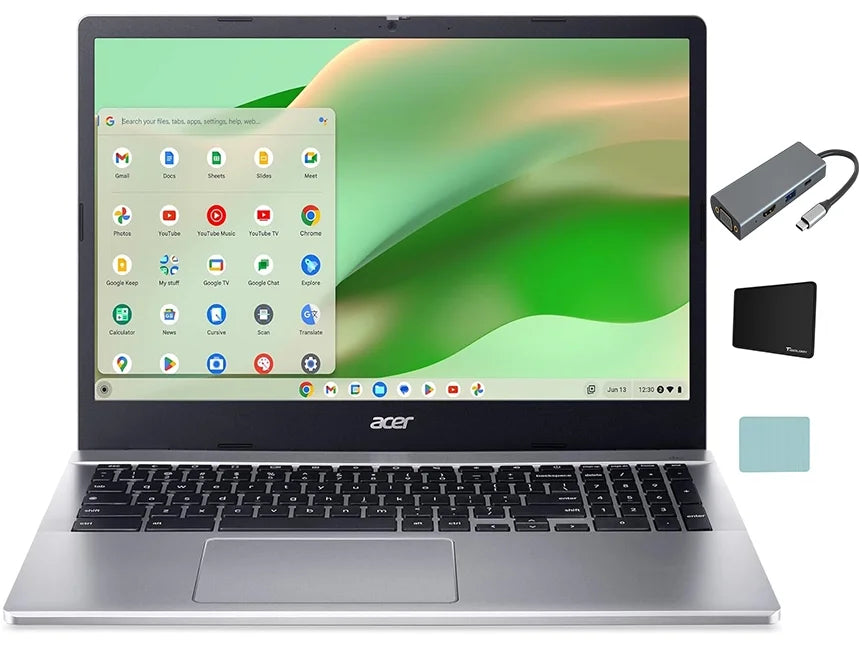 FHD Chrome Chromebook Accessories Laptop, Touchscreen Life, 64GB Wi-Fi, 315 15.6" 8GB Acer RAM, (4 + N100 Battery OS, Silver Core), eMMC, DDR5 Display, Quad-core Tigology Long