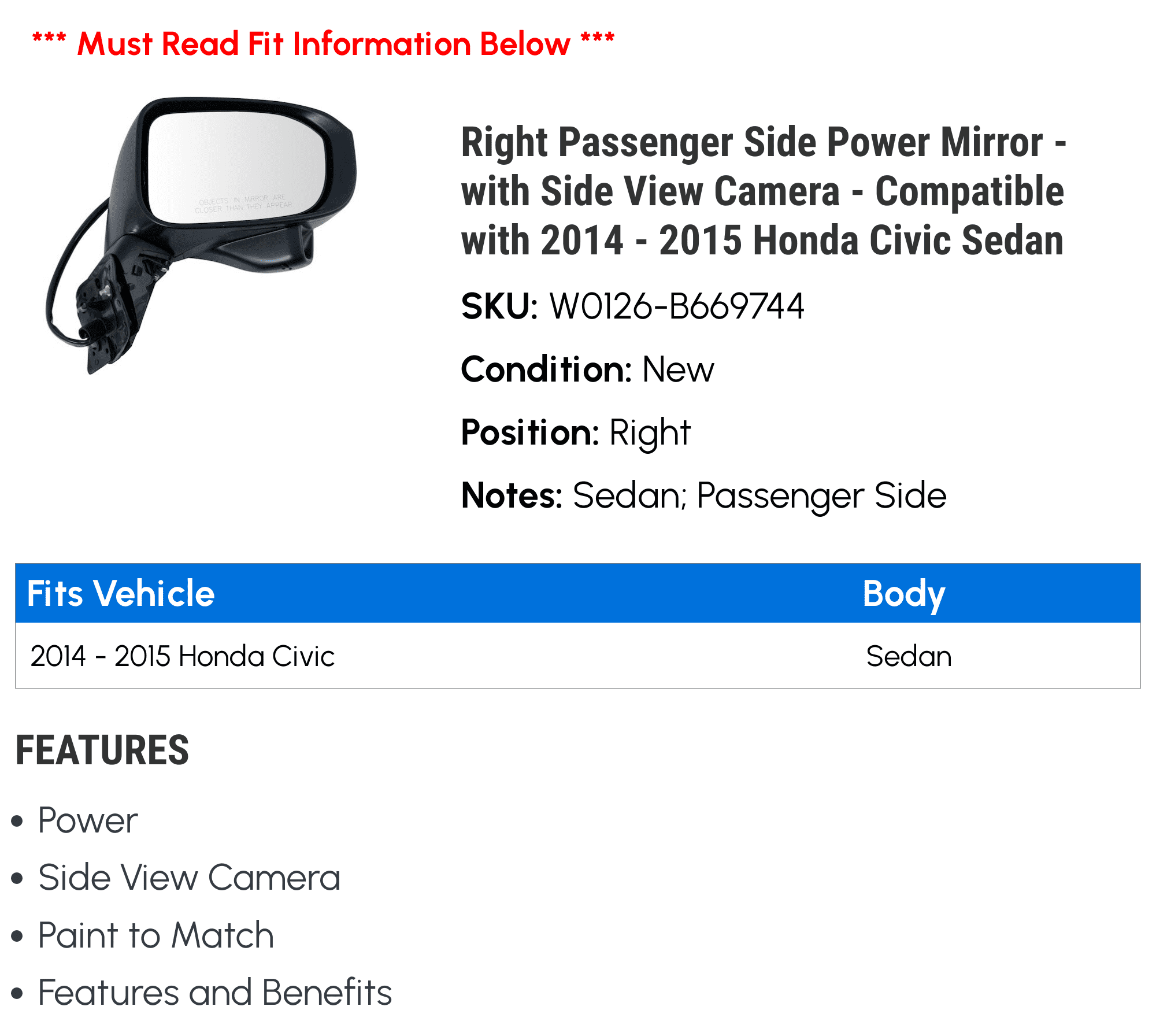 Right Power with Side Passenger View 2015 Honda - Civic with Sedan Camera 2014 Side Compatible - - Mirror