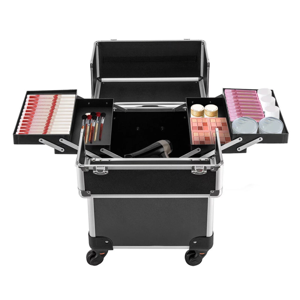 with Rolling Luggage Nail Travel Box Trunk (Black) Train Hairdresser Salon Wheels Lockable Beauty Organizer Case Tool Trolley, Cart Case Stylist Makeup Swivel Cosmetic Barber