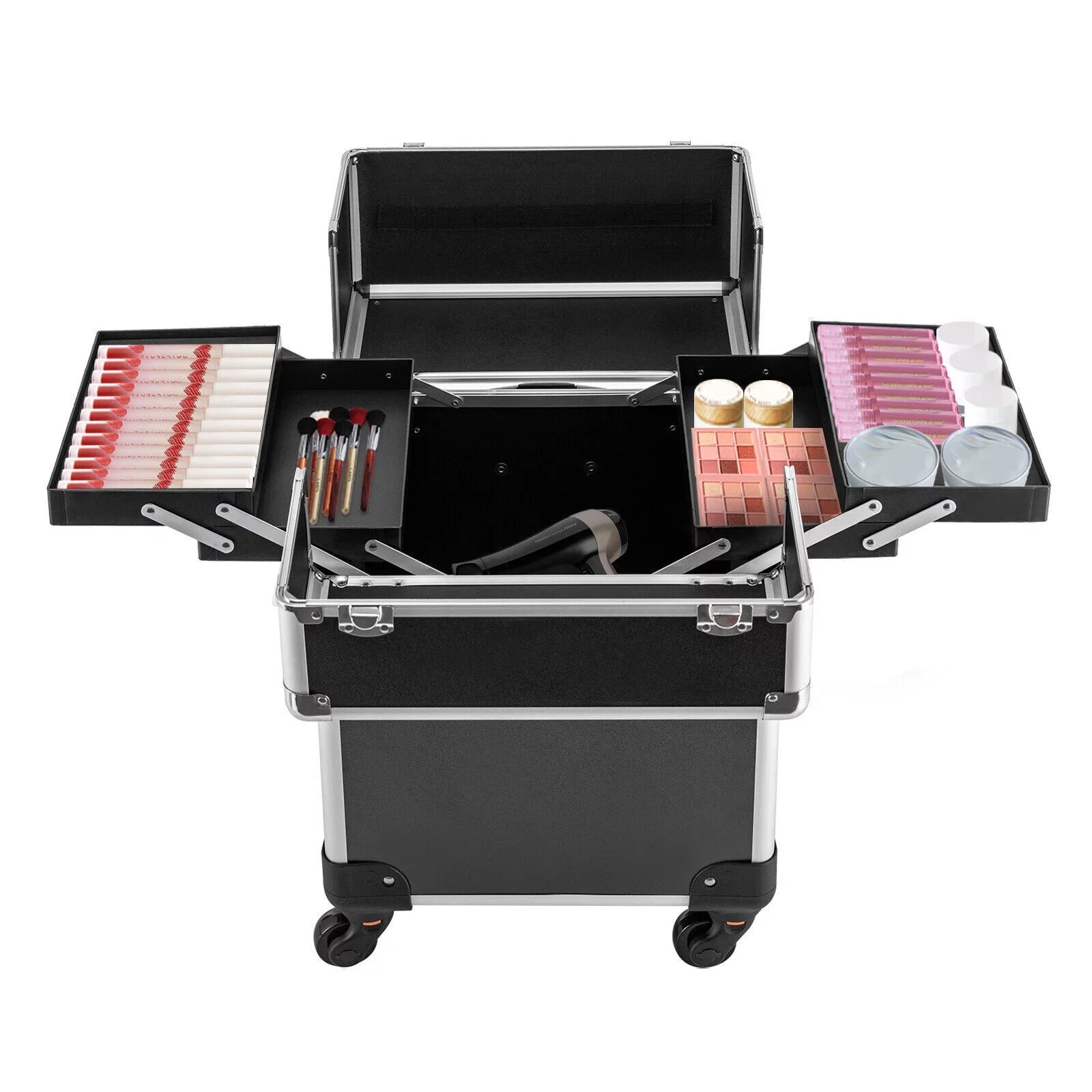 with Rolling Luggage Nail Travel Box Trunk (Black) Train Hairdresser Salon Wheels Lockable Beauty Organizer Case Tool Trolley, Cart Case Stylist Makeup Swivel Cosmetic Barber