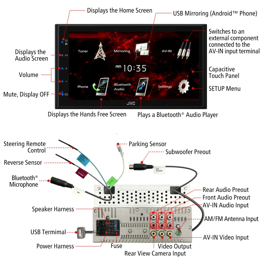 2 Android JVC 6.75" Player For KW-M180BT DIN Bluetooth + Camera Mirroring Backup USB CAM1800 Media