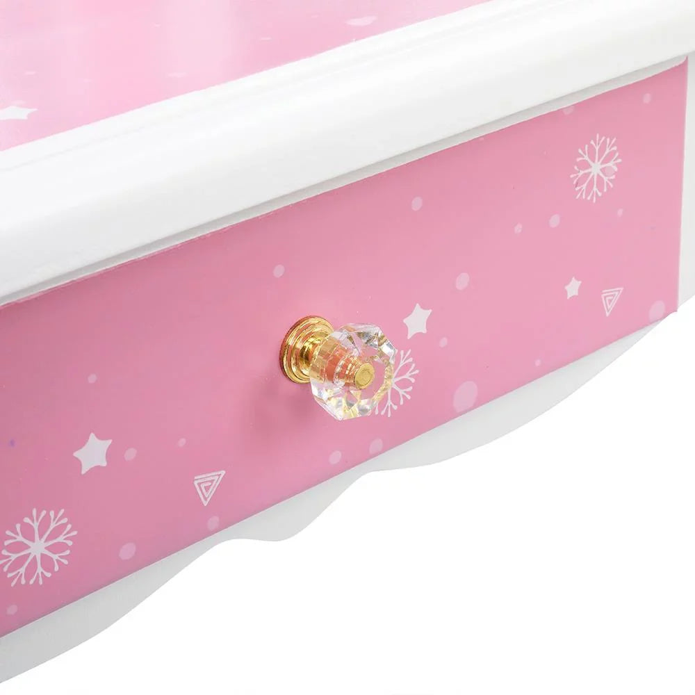 w/ design Wooden Desk Kids Mirror,Stool,Drawer Pink Makeup Vanity Snow SalonMore