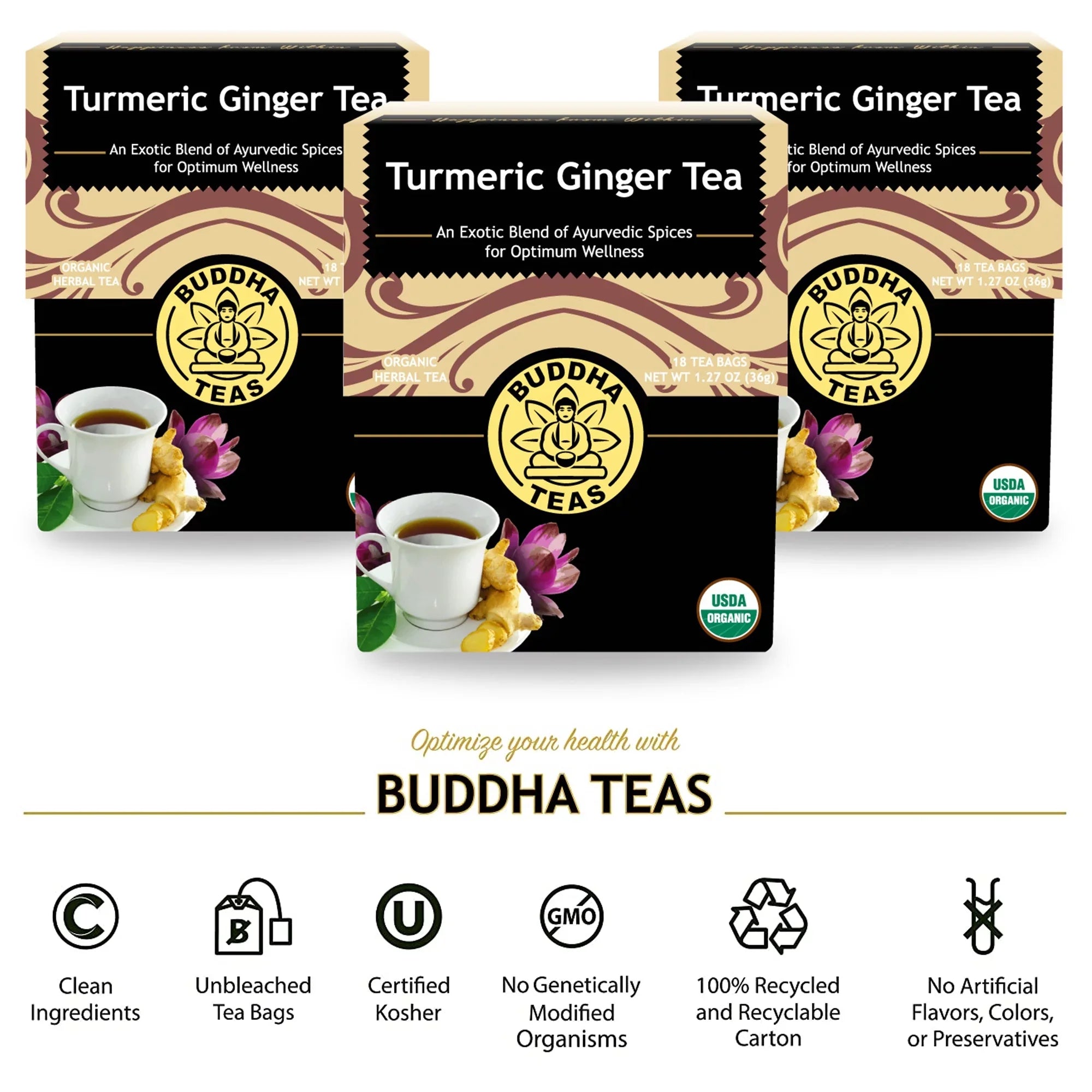 Detox Organic Antioxidant Boxes Herbal Tea 3 Teas Turmeric Bags Ginger Drink Buddha