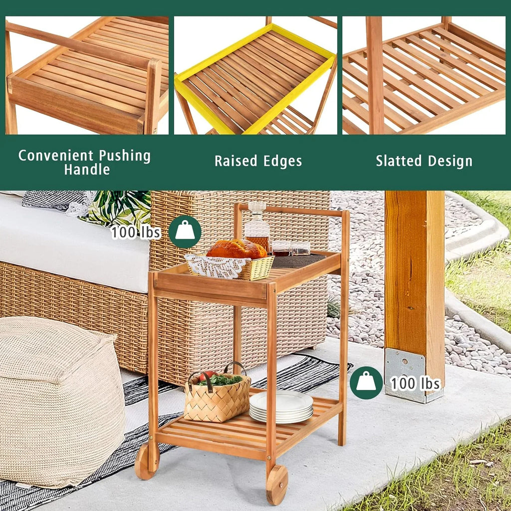 & Cart, Cart Wheels, Side for Buffet Wood Kitchen Table Legs 2-Tier Island Patio Garden Home Poolside on Handle, Kitchen Cart with Serving Rolling exterior Utility Bar Acacia