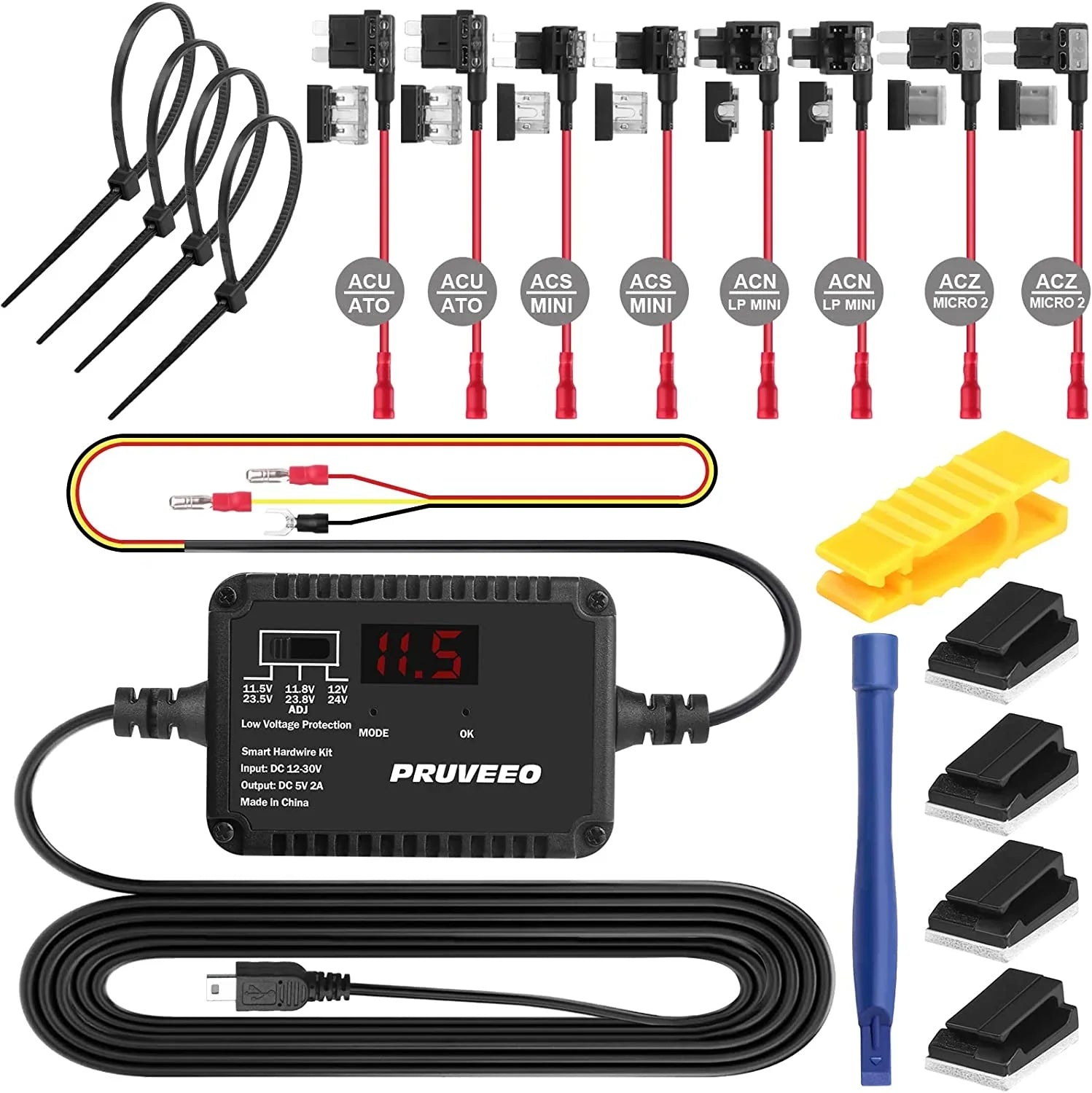 PRUVEEO Protection and Intelligent 98% USB Fit Cam for Low-Voltage Hardwire Cam, Mini Dash Dash Kit, Adjustable 13ft