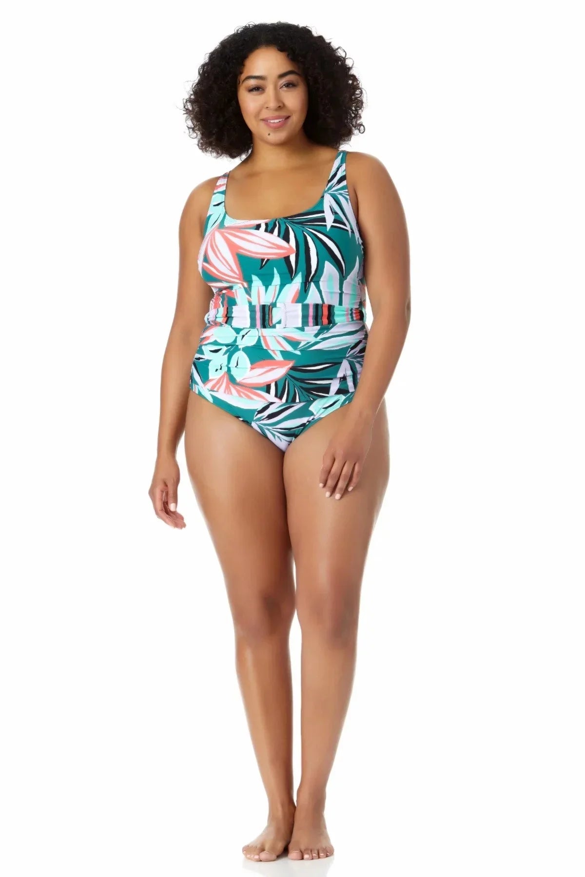Cole Swimsuit Multi Neck Women's Belted 16W Anne Tropical Zesty Scoop One Piece dimension