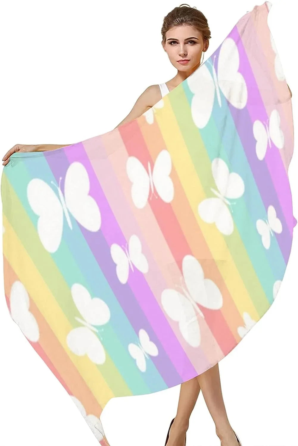 Girls Rainbow Scarves Long Hyjoy Lightweight Scarf Silk Neck Butterflies On Stripes Shawl Women for Wrap