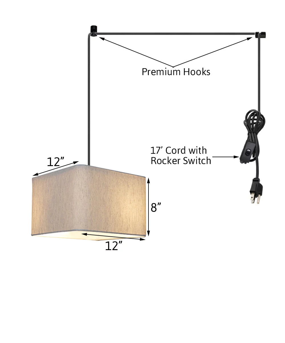 Square 1 Pendant Swag Drum Light Black Rounded Cord Shade, 14"w Oatmeal Corner Plug-In
