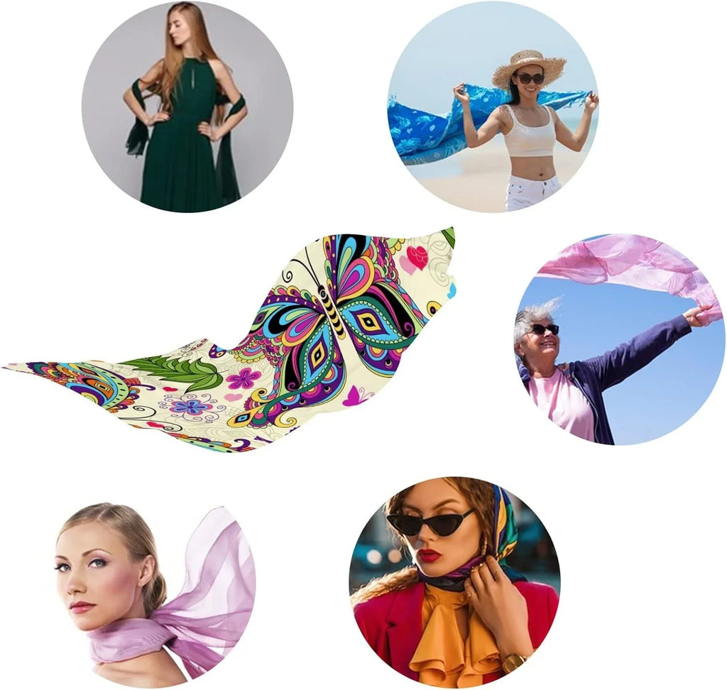 Wrap Girls Long Lightweight Hyjoy Neck Women Flowers And Butterflies Scarves Scarf for Vintage Shawl Silk