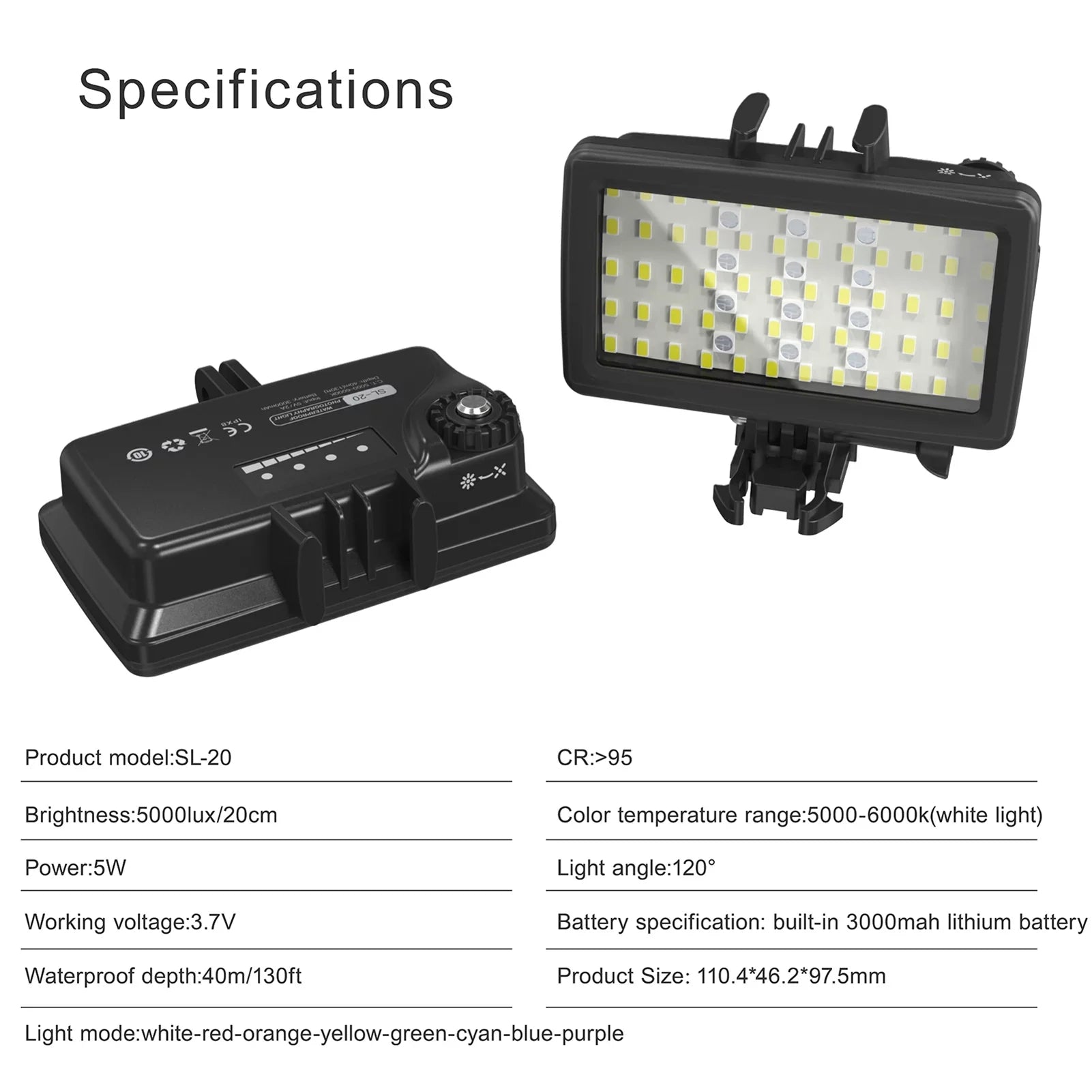 IPX8 for RGB Video Battery Underwater Light Fill SL-20 8 Replaceme Modes Rechargeable Underwater 40M Snorkeling Dimmable Light LED Video Andoer Built-in CRI95+ Waterproof Photography Diving