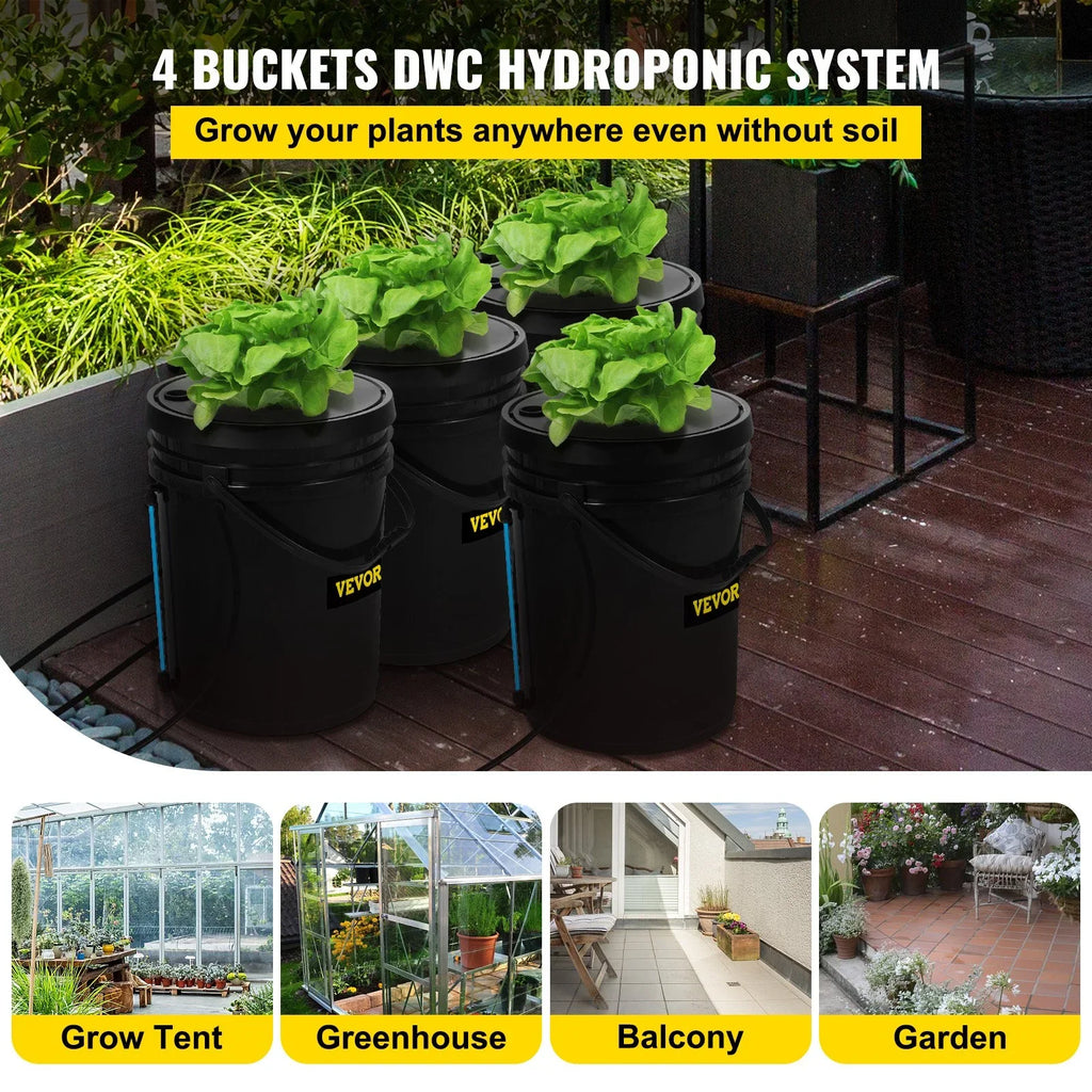 Leafy Vegetables with VEVOR Indicator DWC Kit, for Air Grow System Stone liquid 5-Gallon, Hydroponic 4-Bucket & Level Pump, Indoor/exterior