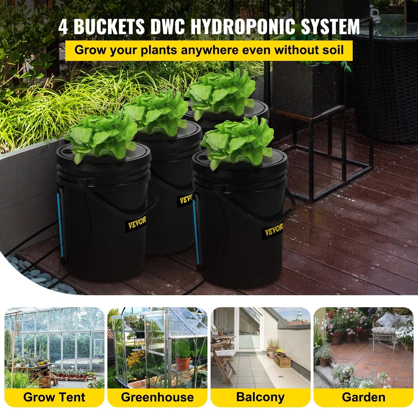 Leafy Vegetables with VEVOR Indicator DWC Kit, for Air Grow System Stone liquid 5-Gallon, Hydroponic 4-Bucket & Level Pump, Indoor/exterior