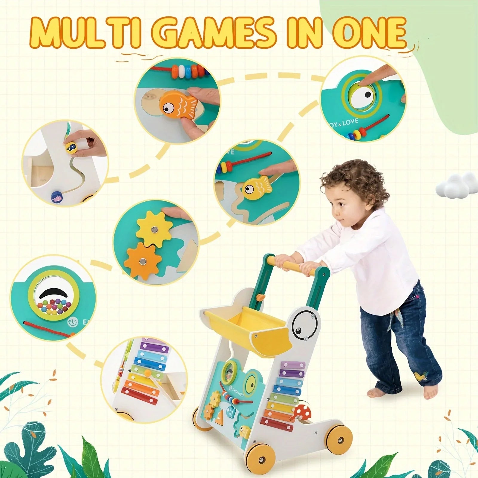 Trolley Walker Entertainment Toy Shape Learning for Sit-to-Stand Multiple Toddler Walker Baby Fishing Wooden Kids Baby Activity Along Xylophone Boys Infants Sorter Push Center with Girls Push