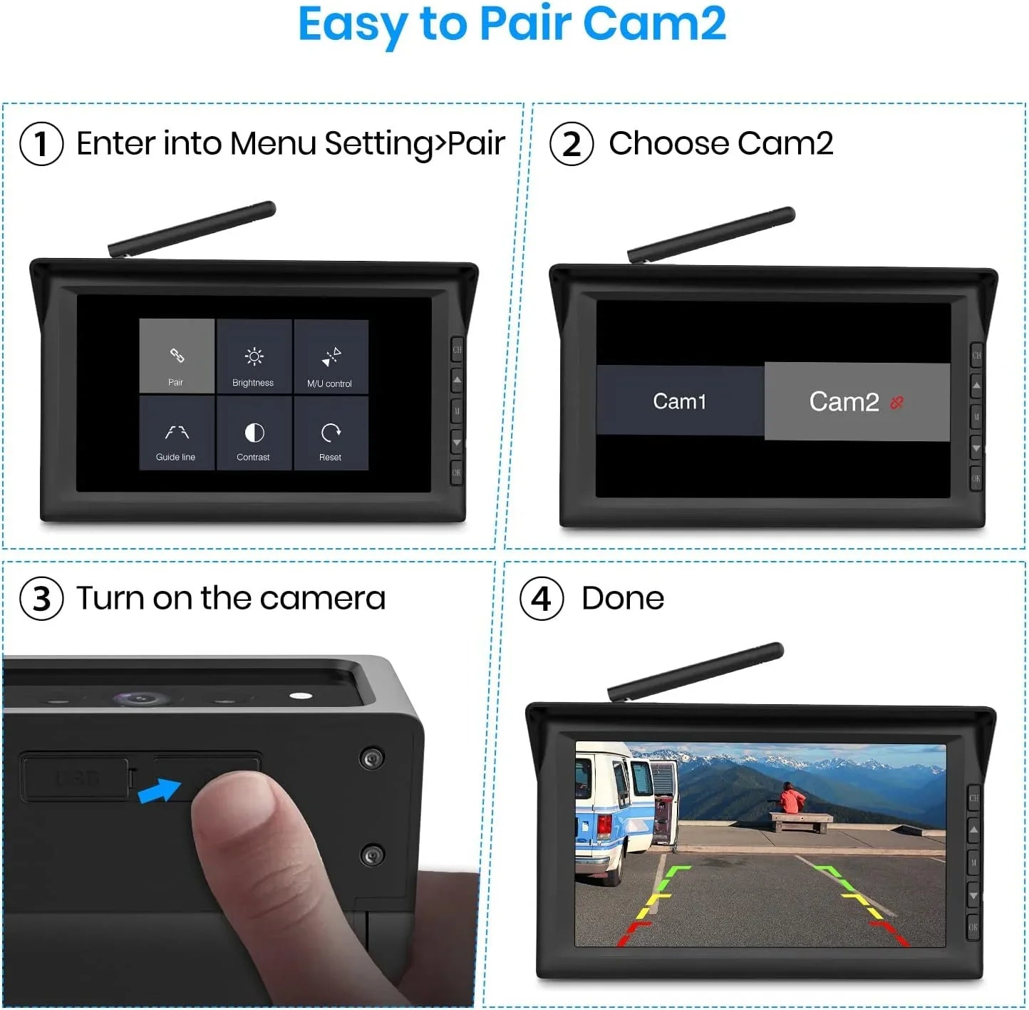 Dual Panel, Rear RV Monitor Campervans Reverse and PCS Camera View Solar Solar Wireless Trailer Camera, with Backup Wireless Split-Screen Cameras 7'' Battery-Powered Systems 2 2 Auto-Vox