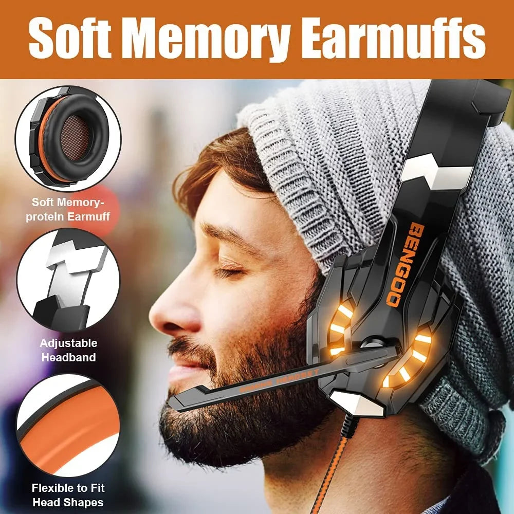 Earmuffs Memory PS4, Headset Bass One Mic, Ear Light, G9000 Over BENGOO for Stereo Soft with Cancelling LED Noise (Orange) Xbox Gaming Headphones PC, Surround, Controller,