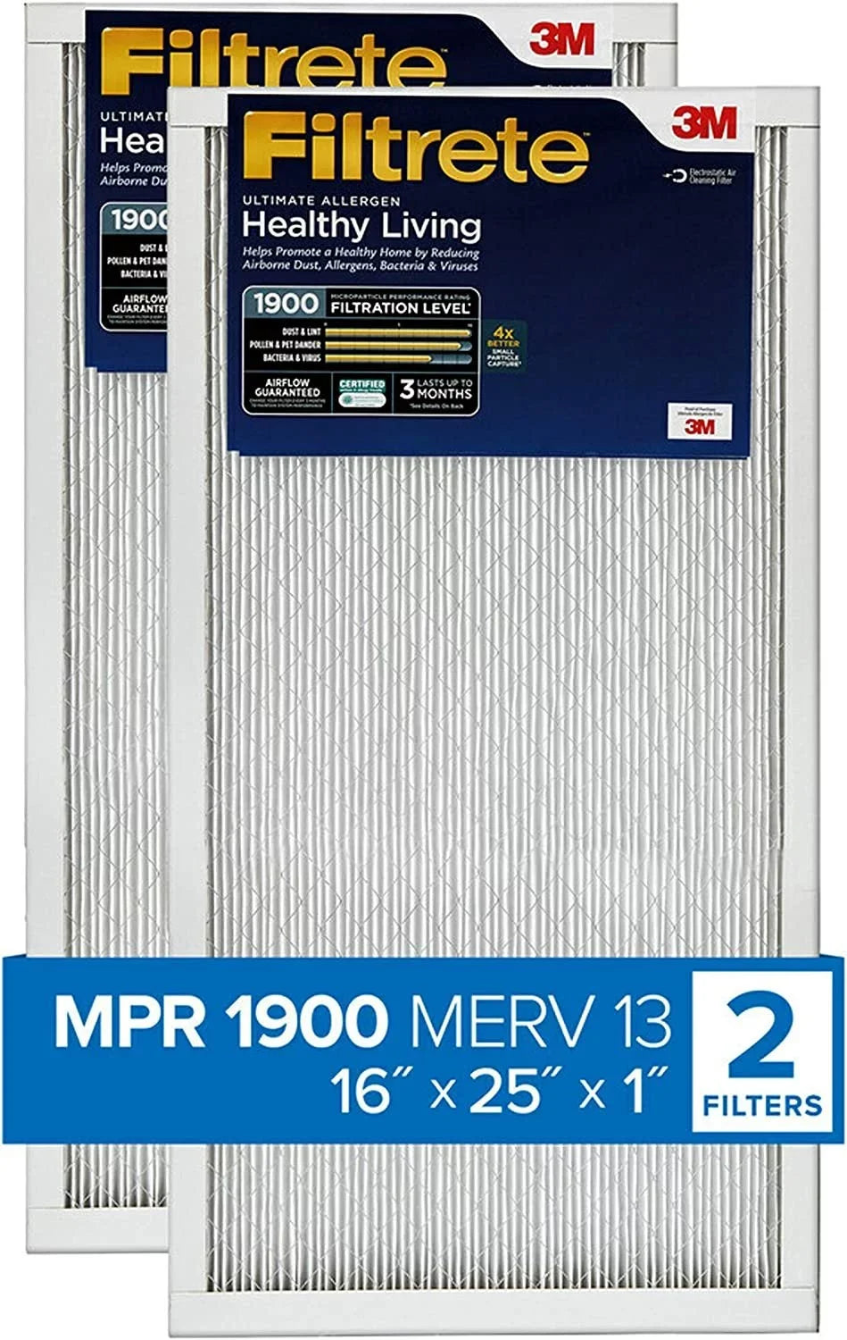 0.78 Ultimate 15.719 Healthy Allergen, MERV 16x25x1 MPR 2-Pack x dimensions Filtrete x Filter exact 24.72 13, Air Living 1900